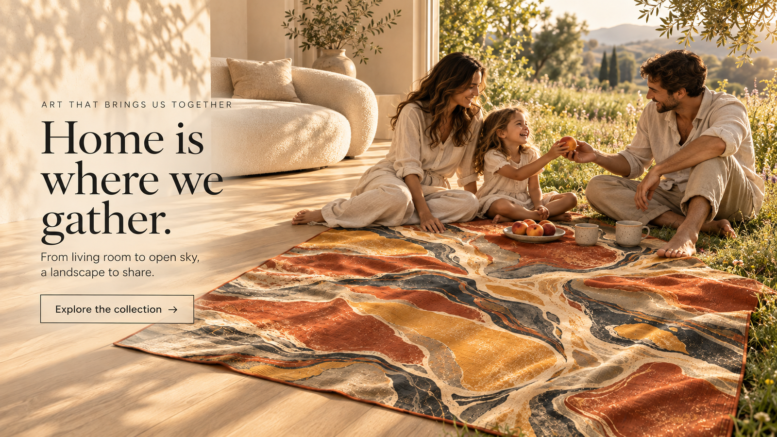Home is where we gather. From living room to open sky, a landscape to share. A family gathers on the Earth Echoes picnic blanket.